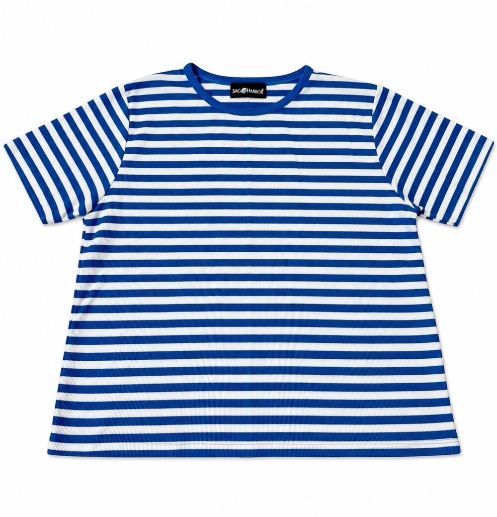 Sag Harbor Women’s Large Blue White Striped Short Sleeve Knit Top Shirt